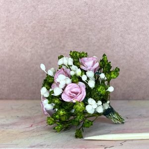 Buket i mini med lyserøde Roser og Brudeslør